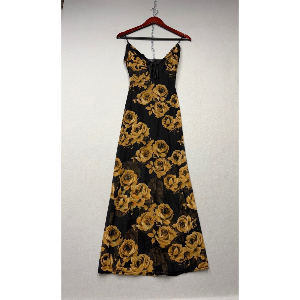 Vibe Sportswear Maxi Dress Women M Black Yellow Rose Mesh Y2K Lace Trim Floral